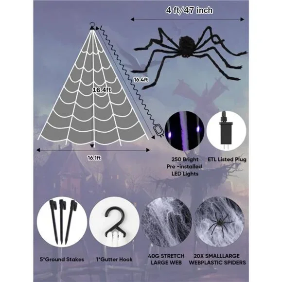 Giant Spider Web Halloween Decor Light w/ 250 LEDs 16.4FT Net 4Ft Spider 8 Modes